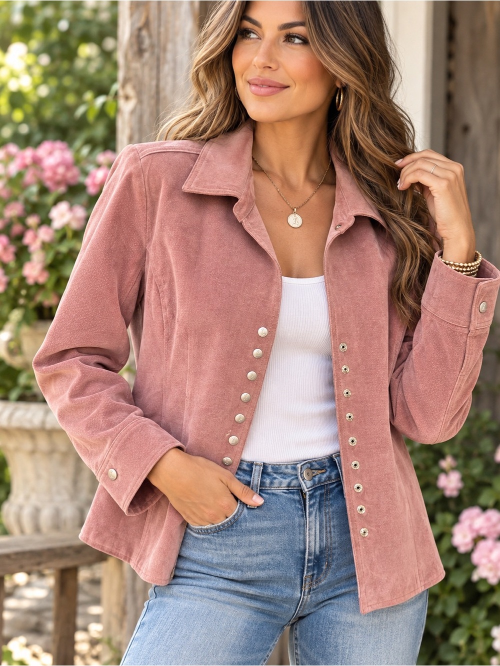 Pink Suede Leather Jacket | Live A Little | Snap Front | Size L